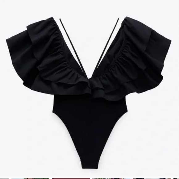 Zara Swim Nwt Zara Ruffle Top Swim Suit Bodysuit Black Sz M Poshmark